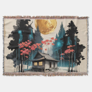 Månebelyst stuga Japansk skog konst (9) Filt