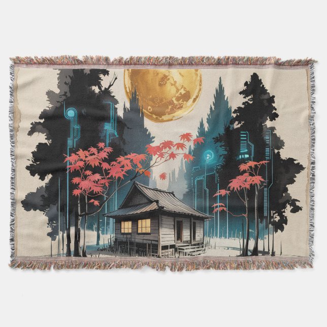 Månebelyst stuga Japansk skog konst (9) Filt (Framsidan)
