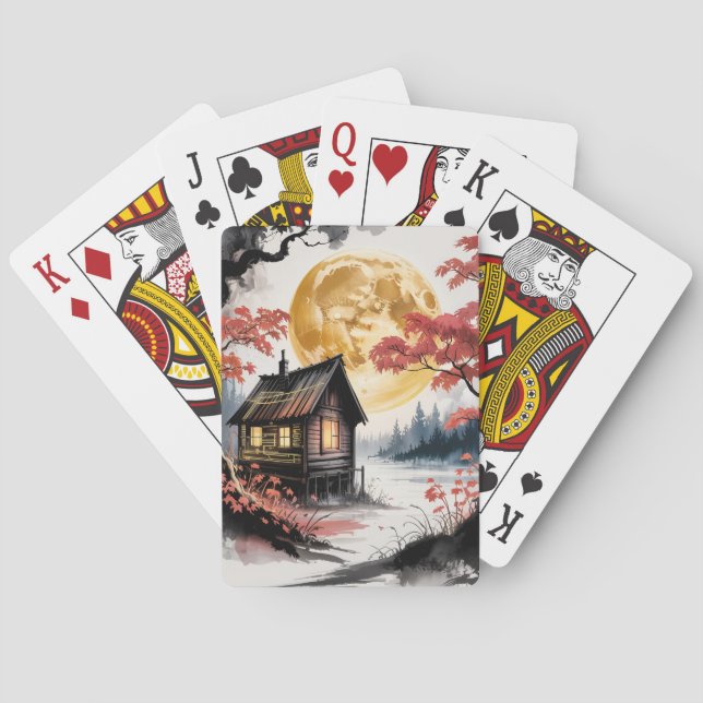 Månebelyst stuga Japansk skogs konst (7) Casinokort (Baksidan)