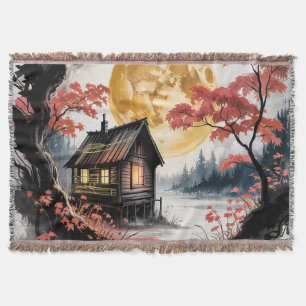 Månebelyst stuga Japansk skogs konst (7) Filt