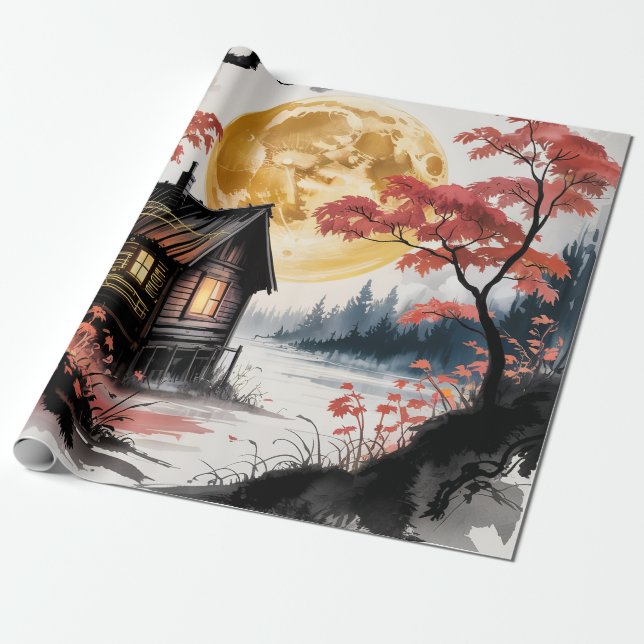 Månebelyst stuga Japansk skogs konst (7) Presentpapper (Utrullad)