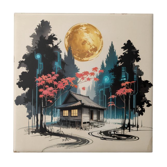 Månebelyst stuga Japansk skogs konst (9) Kakelplatta (Framsidan)