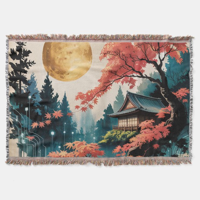 Månebelyst stuga Japansk skogskonst (4) Filt (Framsidan)