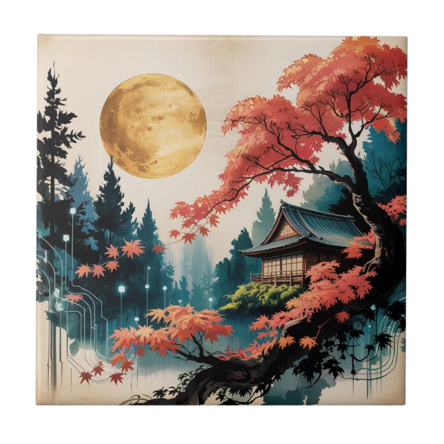 Månebelyst stuga Japansk skogskonst (4) Kakelplatta (Framsidan)
