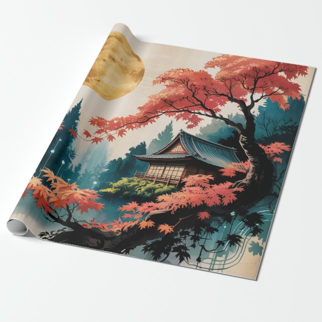 Månebelyst stuga Japansk skogskonst (4) Presentpapper (Utrullad)