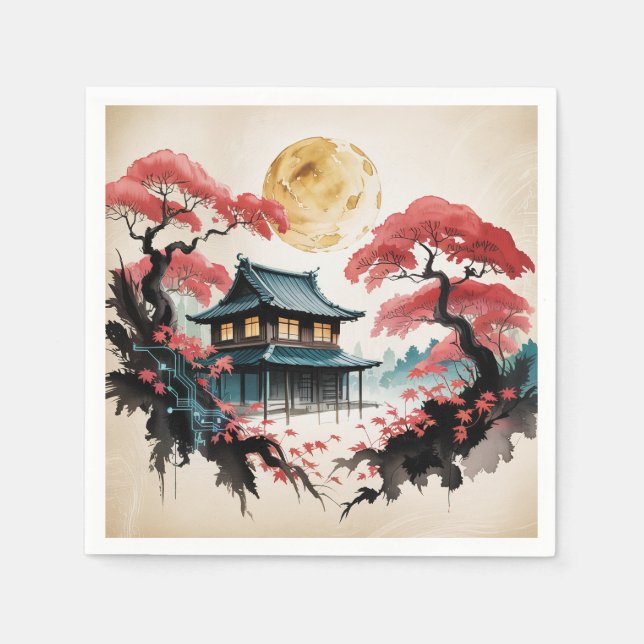 Månebelyst stuga Japansk skogskonst (5) Pappersservett (Framsidan)