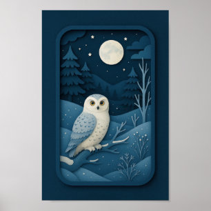 Månebelyst uggla i snöig skog poster