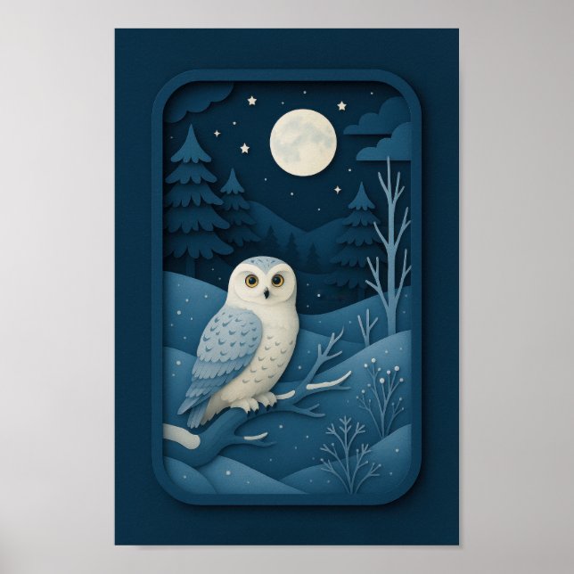 Månebelyst uggla i snöig skog poster (Framsidan)