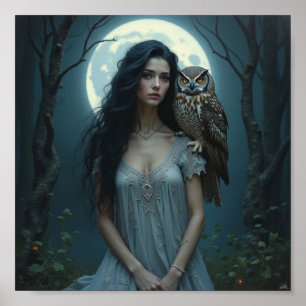Månebelyst väktare – Fantasy Kvinna & Uggla Konst Poster