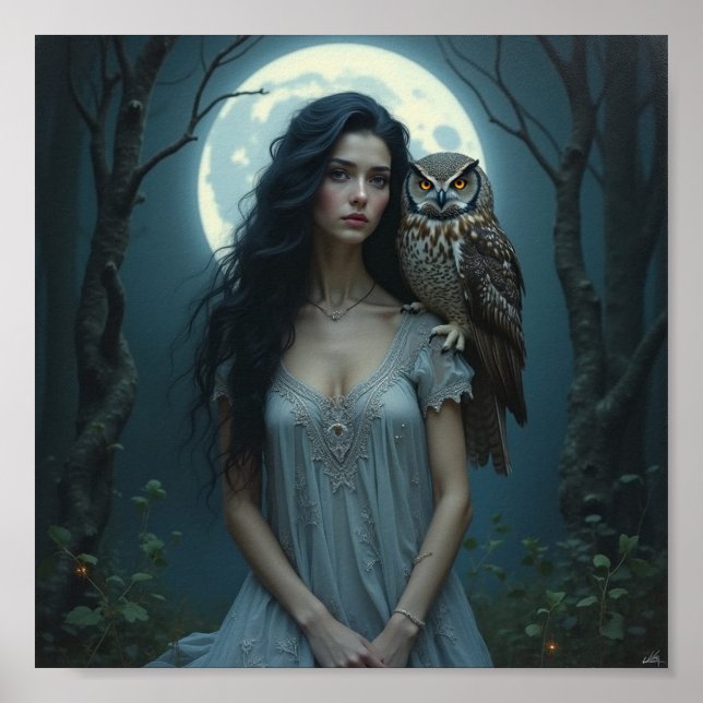 Månebelyst väktare – Fantasy Kvinna & Uggla Konst  Poster (Framsidan)