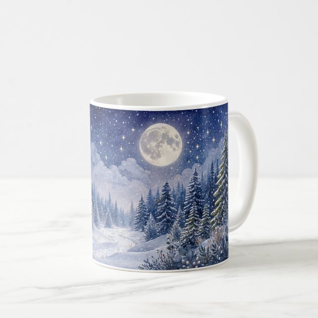 Månebelyst vinter skogslandskap konst kaffemugg (Framsida höger)