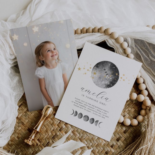 Månefaser Guldstjärnor Foto Födelsedagsinbjudan Inbjudningar (Zazzle Moon Phases Gold Stars Photo Birthday Invitation)