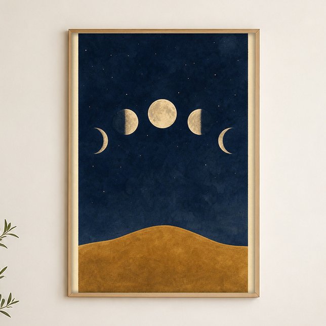 Månefaser Hill Akvarell Celestial Konst Affisch (Shown framed for scale. Poster ships unframed; frames are an optional add-on.)