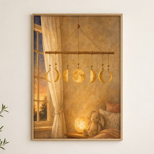 Månefaser Mobil Vattenfärg Celestial Affisch (Shown framed for scale. Poster ships unframed; frames are an optional add-on.)