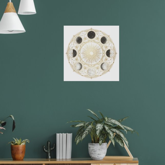 Månefaser Sol Mandala Arttryck | Celestial Vägg Poster (Vardagsrum 1)