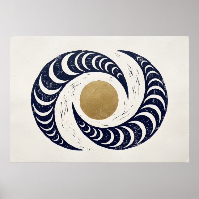 Månefaser Spiral Guld Marinblå Celestial Konst Poster (Framsidan)