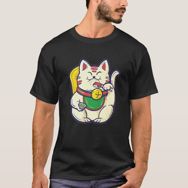Maneki Neko Äter Sushi Asiatisk Tur Lycka C T Shirt (Framsida)
