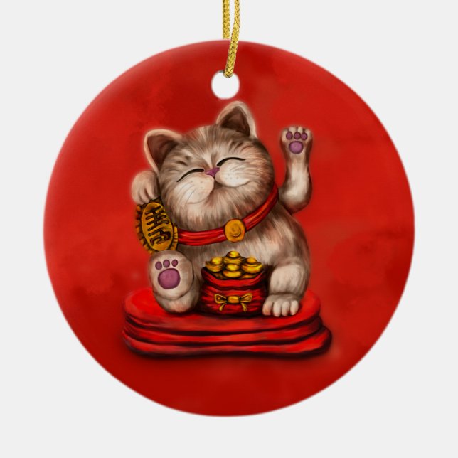 Maneki-neko Beckoning cat on red Julgransprydnad Keramik (Framsidan)