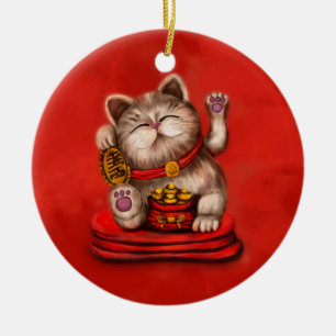 Maneki-neko Beckoning katt på rött Julgransprydnad Keramik