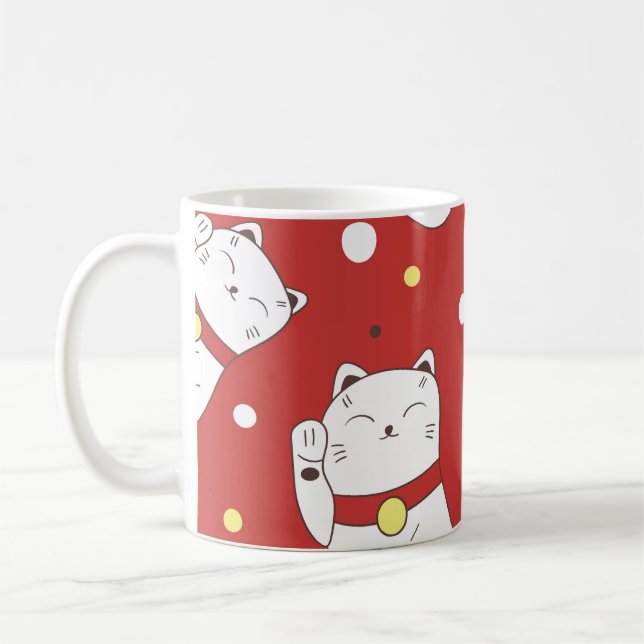 Maneki-Neko cat, Japansk doodle mönster. Kaffemugg (Vänster)