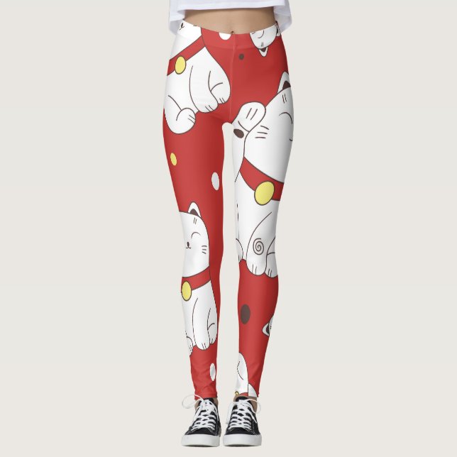 Maneki-Neko cat, Japansk doodle mönster. Leggings (Framsida)