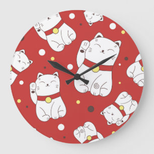 Maneki-Neko cat, Japansk doodle mönster. Stor Klocka