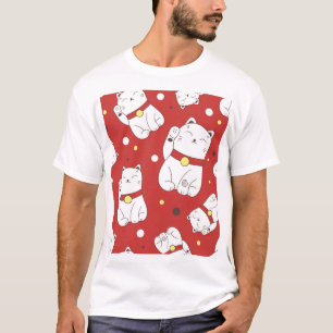Maneki-Neko cat, Japansk doodle mönster. T Shirt