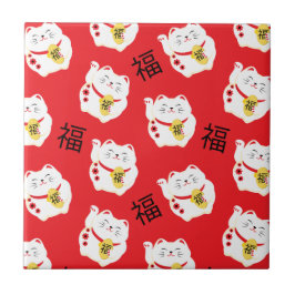 Maneki Neko Cute Lucky Cat Red and White Kakelplatta
