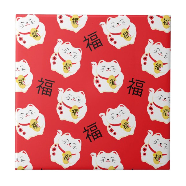 Maneki Neko Cute Lucky Cat Red and White Kakelplatta (Framsidan)