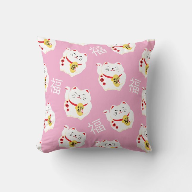 Maneki Neko Cute Lucky White Cat Kudde (Framsida)