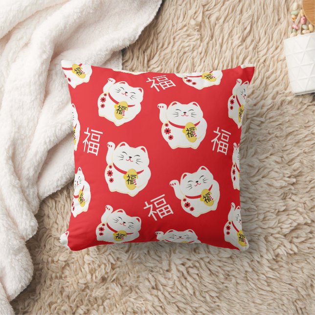 Maneki Neko Cute Lucky White Cat Kudde (Filt)