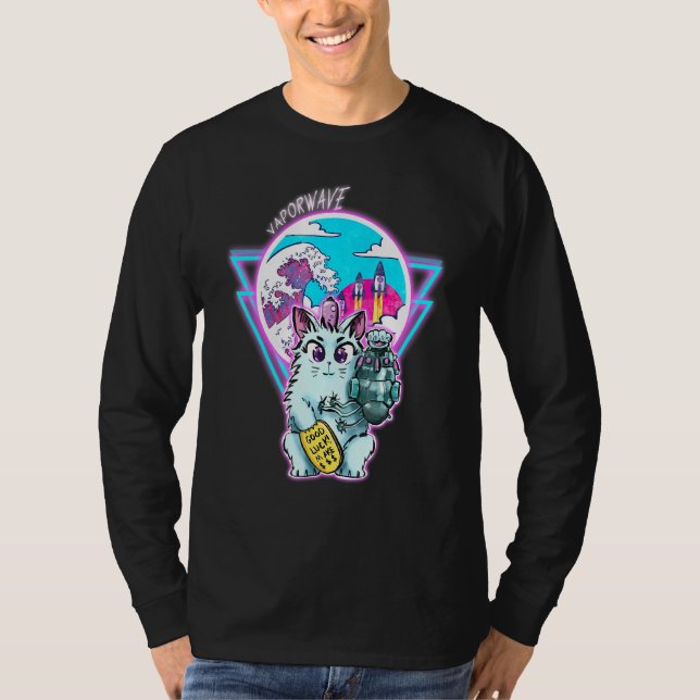 Maneki-Neko Cyberpunk-katt med förångningsvåg Stil T Shirt (Framsida)