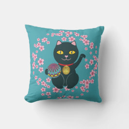 Maneki Neko Japansk Beckoning Lucky Black Cat Kudde