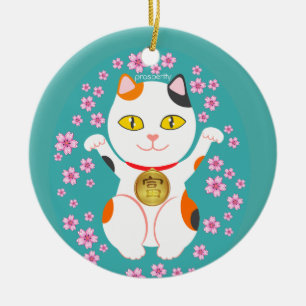 Maneki Neko Japansk Beckoning Lucky Cat Julgransprydnad Keramik