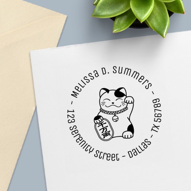 Maneki Neko Japansk Lucky Cat Round Adress 2 Självfärgande Stämpel (Skapare uppladdad)