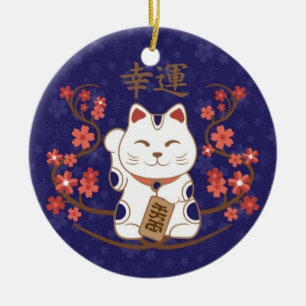 Maneki-neko-katt med lycka till kanji julgransprydnad keramik