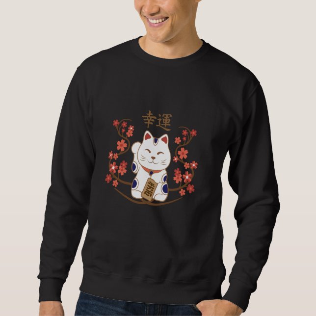 Maneki-neko-katt med lycka till kanji lång ärmad tröja (Framsida)