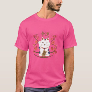 Maneki-neko-katt med lycka till kanji t shirt