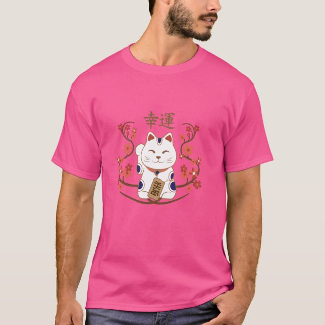 Maneki-neko-katt med lycka till kanji t shirt (Framsida)