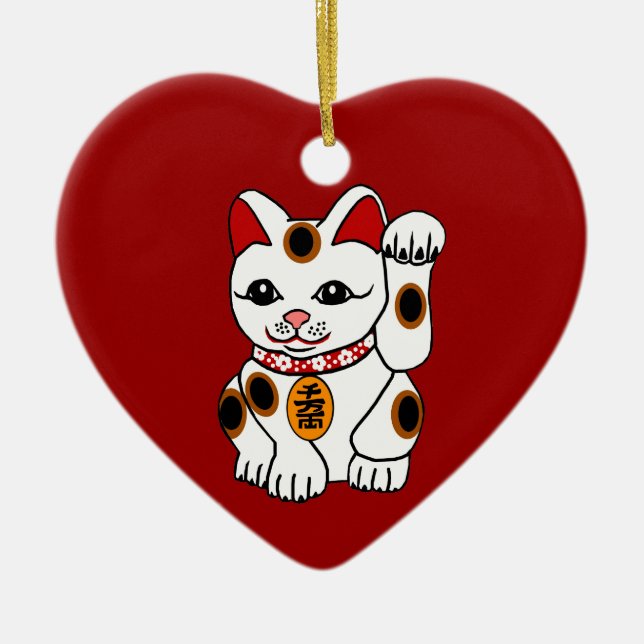 Maneki Neko katt på röd bakgrund Julgransprydnad Keramik (Framsidan)