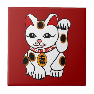 Maneki Neko katt på röd bakgrund Kakelplatta