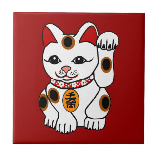 Maneki Neko katt på röd bakgrund Kakelplatta