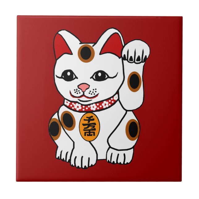 Maneki Neko katt på röd bakgrund Kakelplatta (Framsidan)