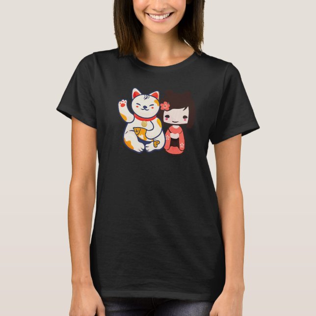 Maneki Neko Lucky blir katt med cute Girl T Shirt (Framsida)