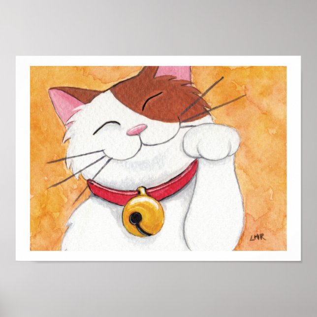 Maneki Neko Lucky Calico Cattart Skriv ut Poster (Framsidan)
