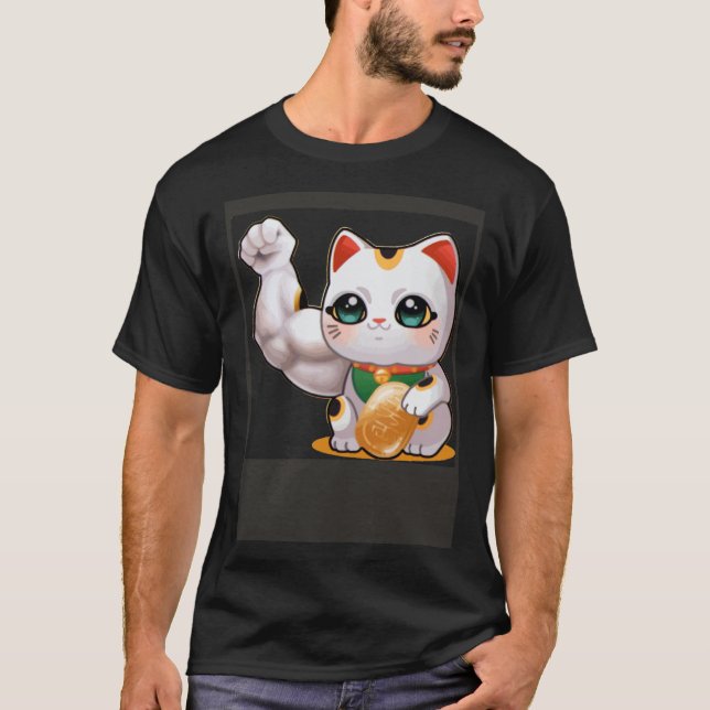 Maneki neko lucky cat gym bro pump flex swole t shirt (Framsida)