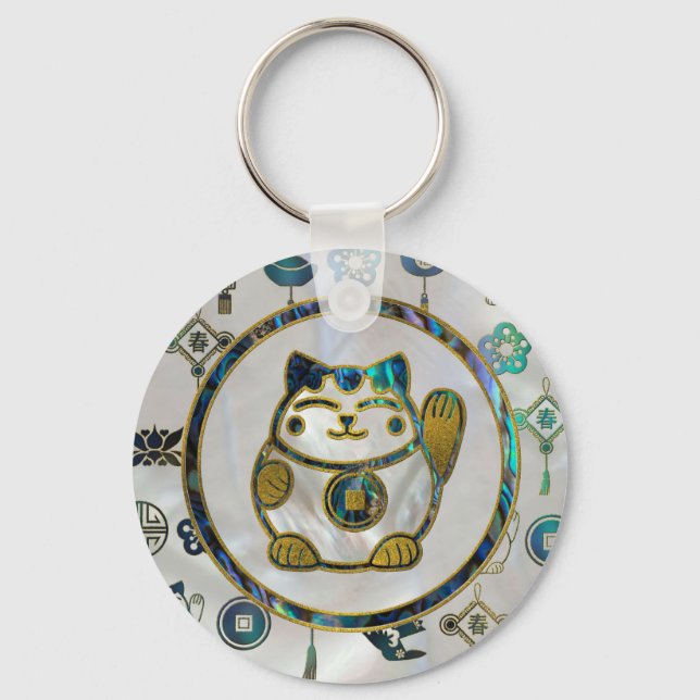 Maneki Neko Lucky cat on pearl and abalone Nyckelring (Framsida)