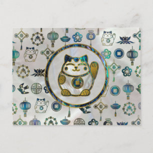 Maneki Neko Lucky cat on pearl and abalone Vykort