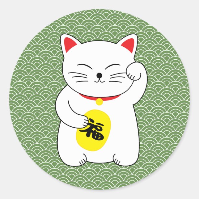 Maneki Neko Lucky Cat Runt Klistermärke (Framsida)