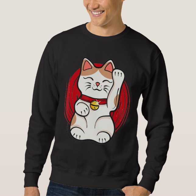 Maneki Neko Lucky Cat Statue Wave Japanska Stil Lång Ärmad Tröja (Framsida)